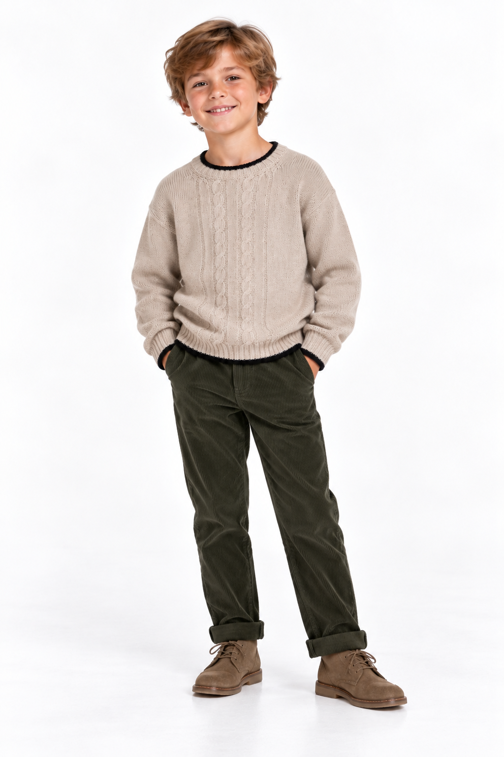 Maglione girocollo a trecce 100% lana